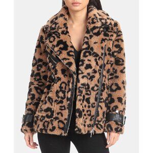 Avec Les Filles leopard faux fur teddy moto jacket XS